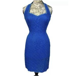 Neiman Marcus Y2K Vintage Beaded Party Dress Blue Halter Embellished LV Size 4